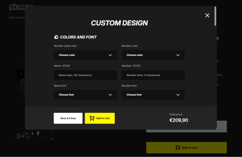 Kliknite na Customise pre otvorenie možností produktu